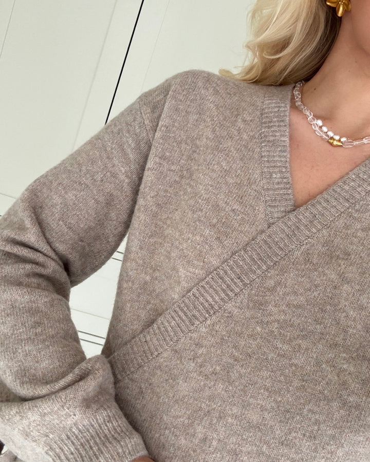 Pieces cardigan malou ls wrap knit taupe gray melange