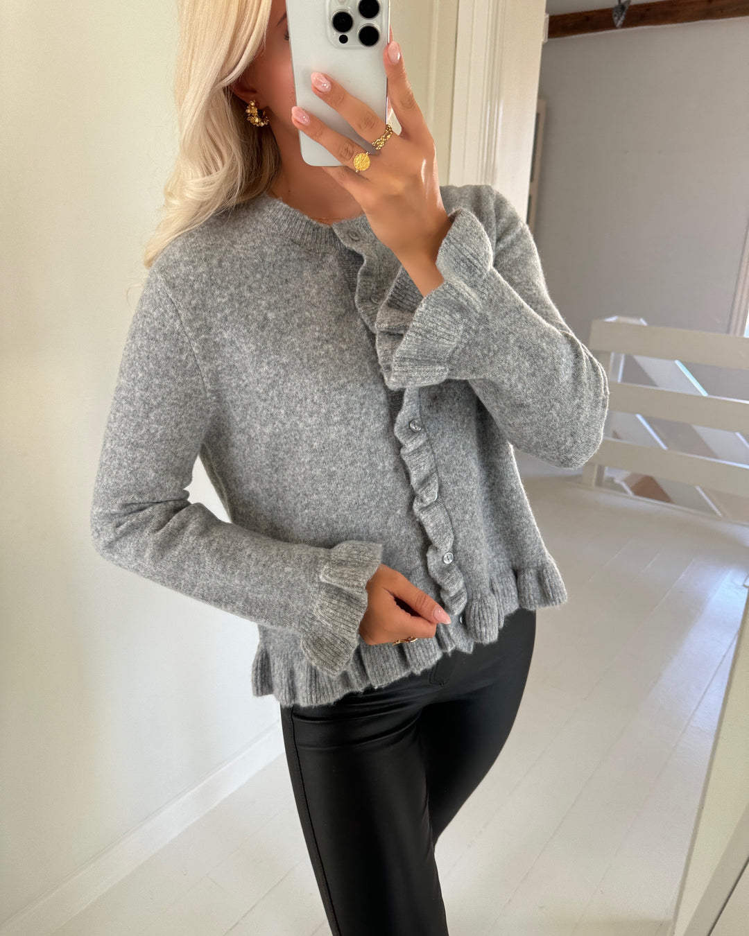 Only cardigan rima life ls frill butto cardi cs knt light grey/mela/dtm button
