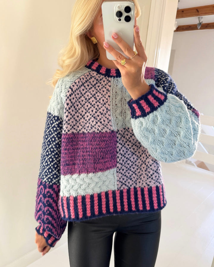 Pieces striktrøje fusion ls o-neck knit sachet pink blue and purple colorblock