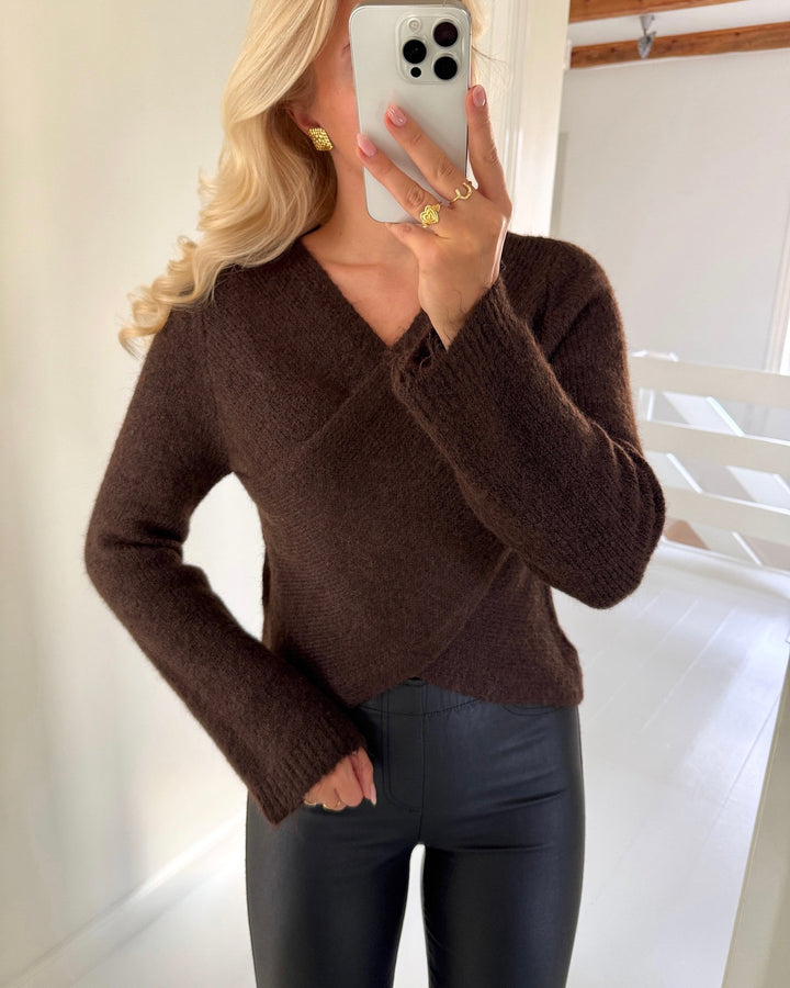 Only striktrøje maggie ls cross v-neck knit coffee bean melange