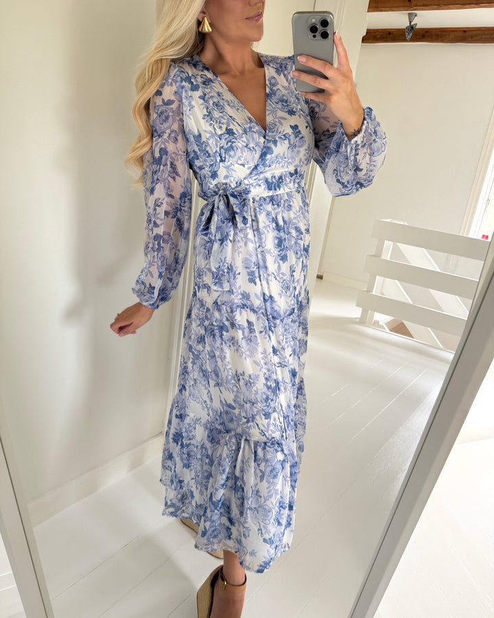 Only kjole miriam ls wrap midi bel air blue/porcelain flowers