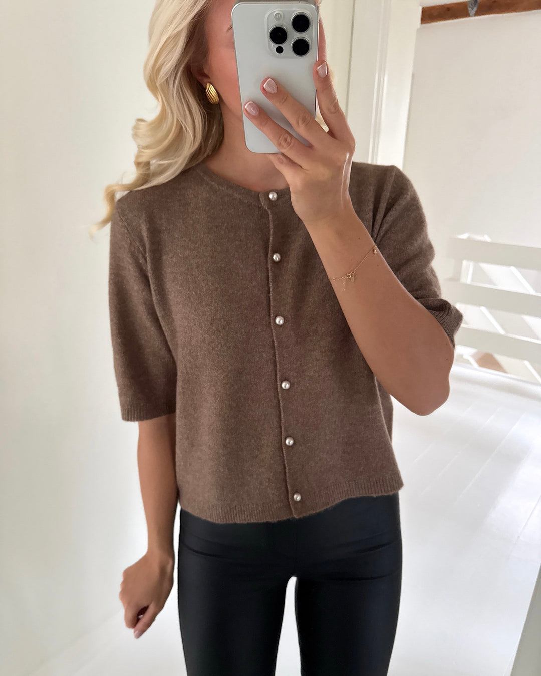 JDY cardigan rue life 2/4 pearl caribou/melange w. white pearl button