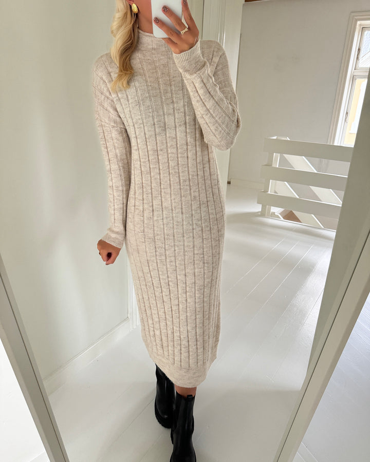 Vero Moda strikkjole willa ls funnelneck 7/8 birch/melange
