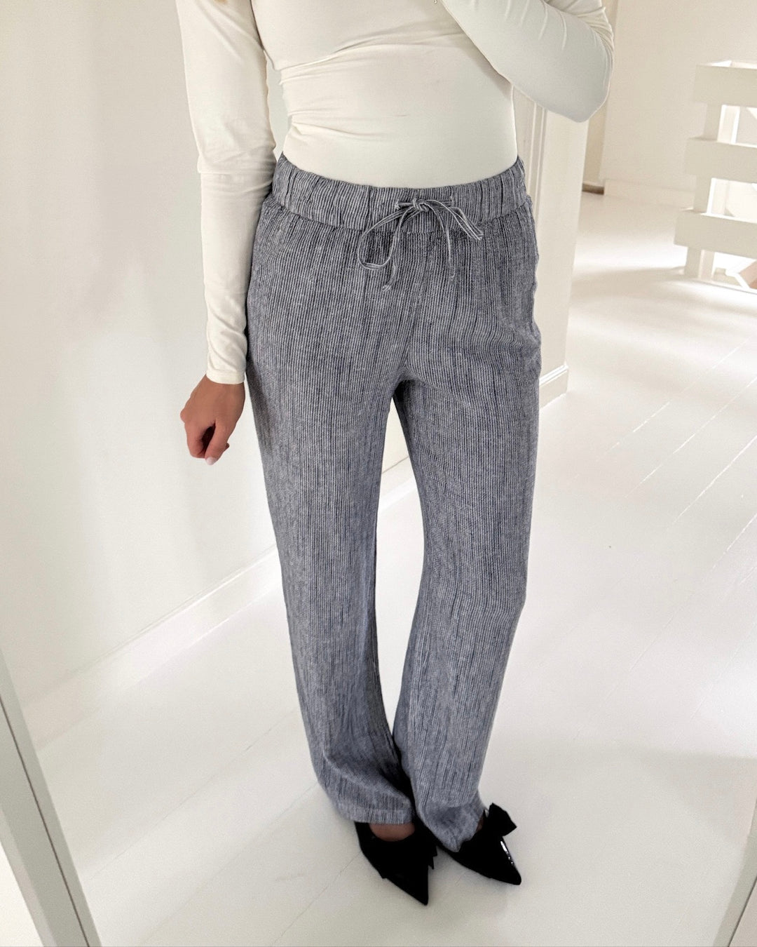 Vero Moda bukser line mr wide linen mix stripe navy blazer snow white