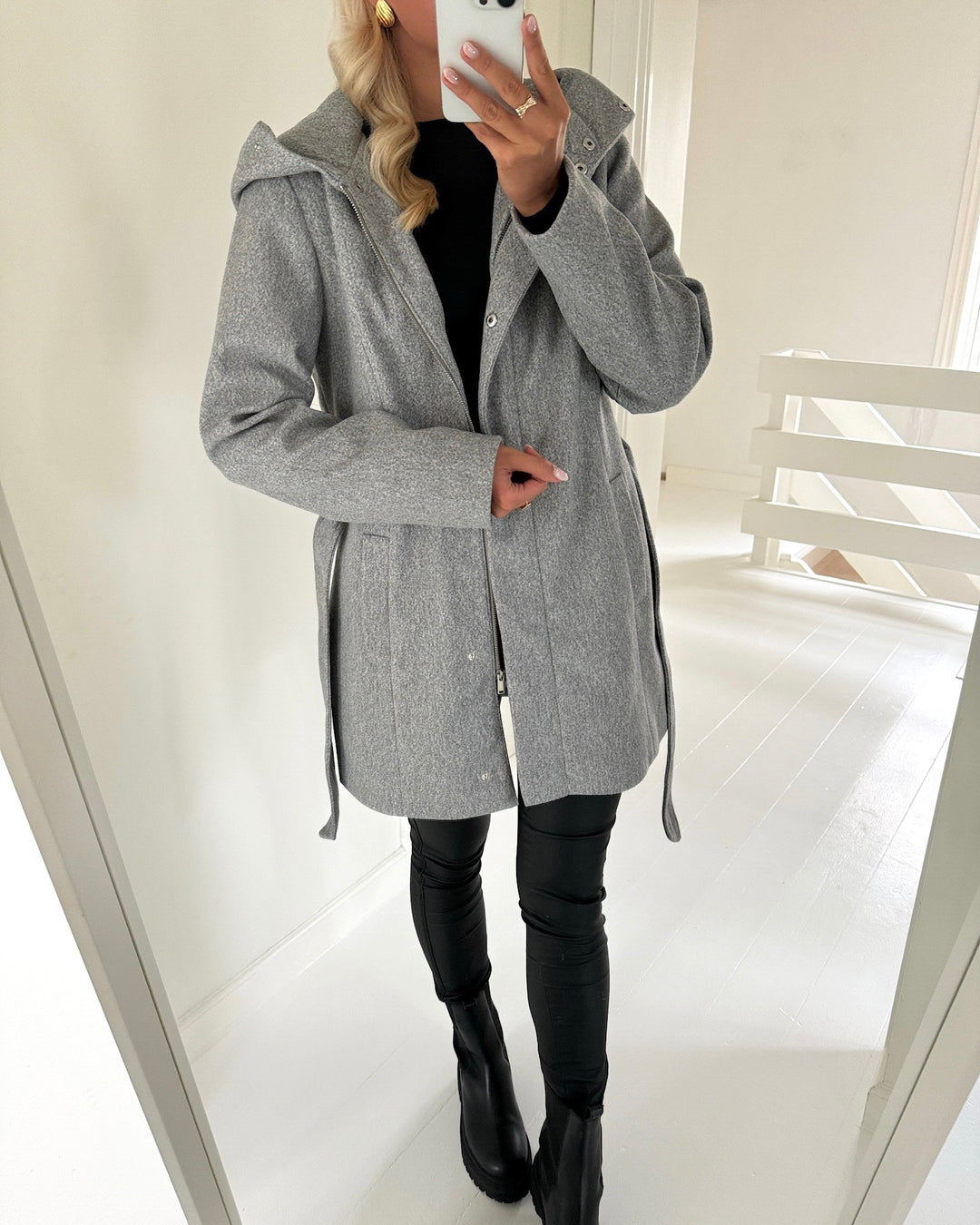 JDY frakke viola life hood belt light grey melange