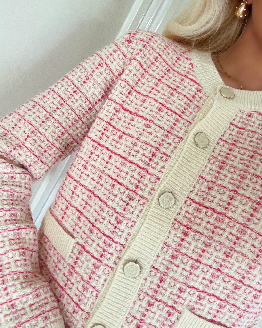 Y.A.S cardigan livia ls short knit birch/raspberry