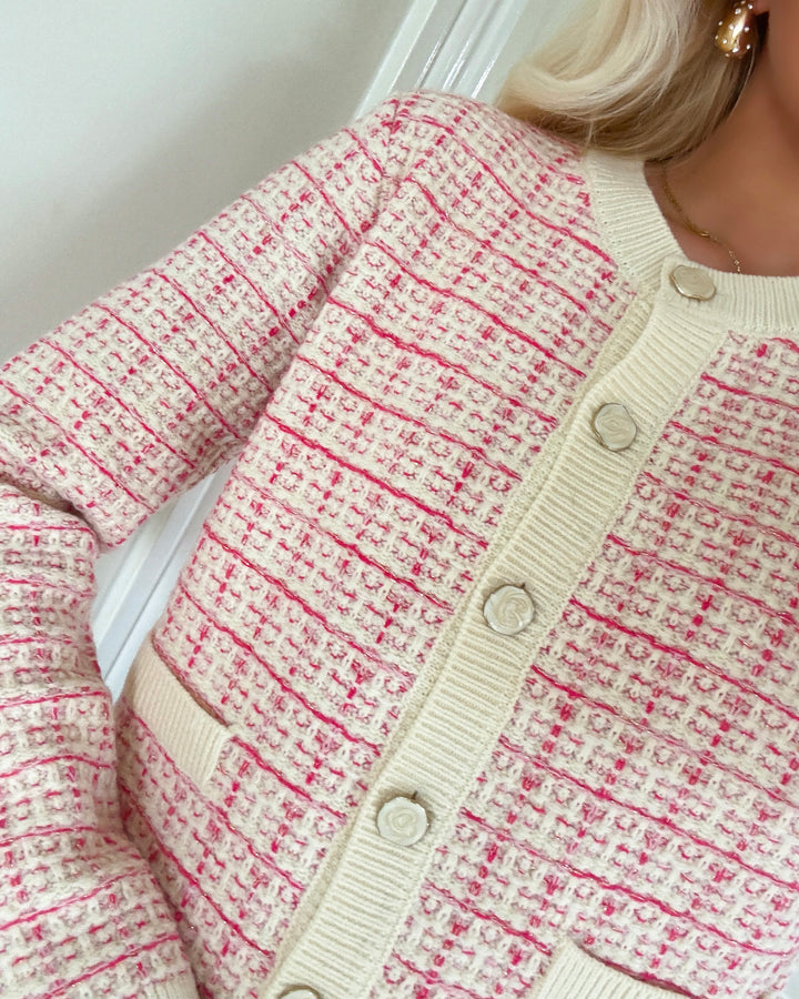 Y.A.S cardigan livia ls short knit birch/raspberry