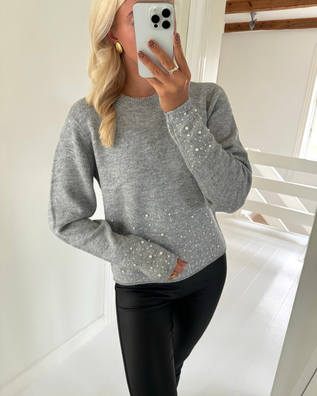 JDY striktrøje pearl ls o-neck pearl light grey melange/white pearl