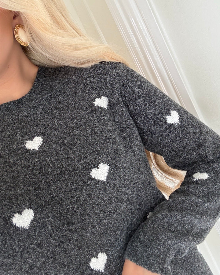 Vero Moda sweater doffy intarsia ls o-neck dark grey melange/white hearts