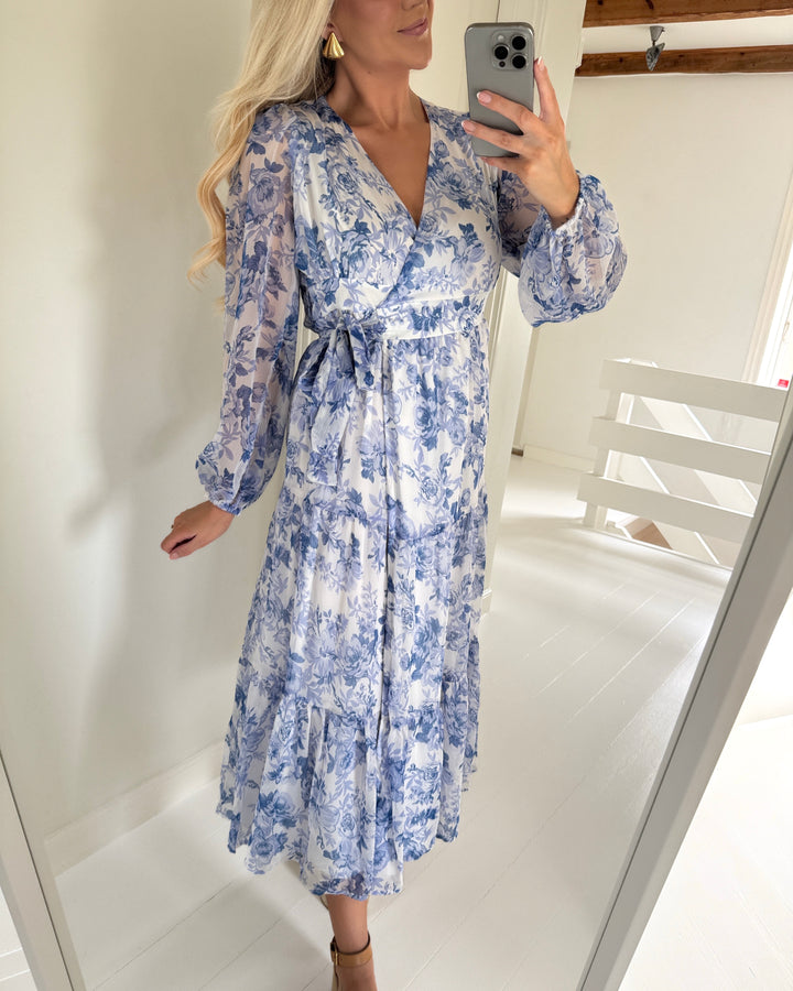 Only kjole miriam ls wrap midi bel air blue/porcelain flowers