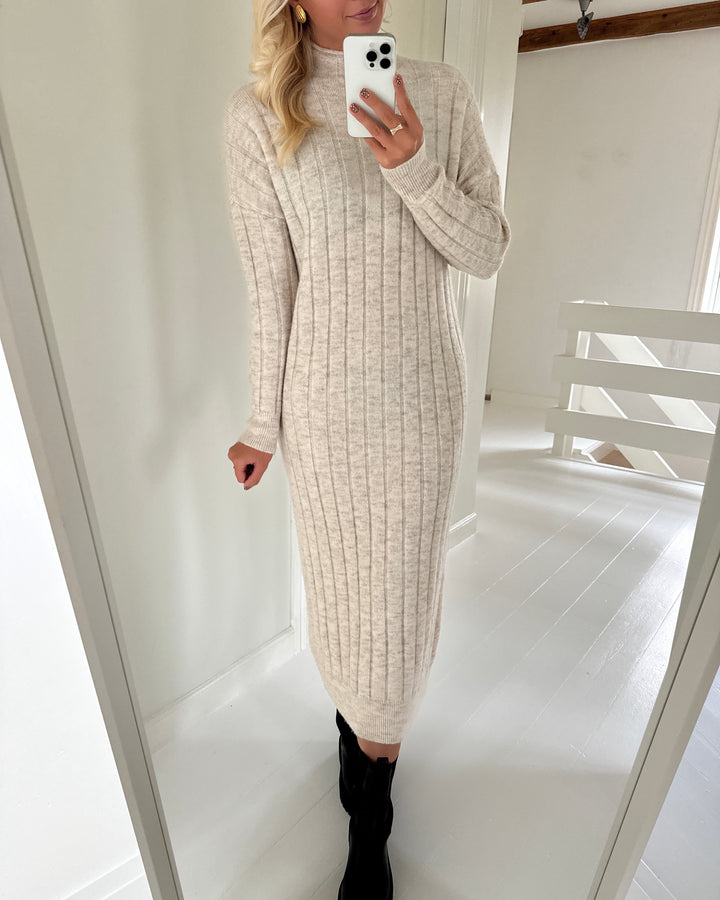 Vero Moda strikkjole willa ls funnelneck 7/8 birch/melange