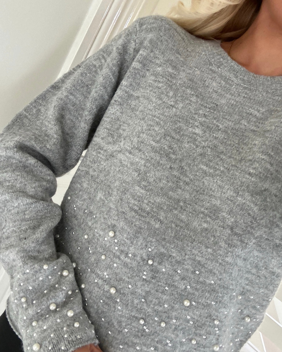 JDY striktrøje pearl ls o-neck pearl light grey melange/white pearl