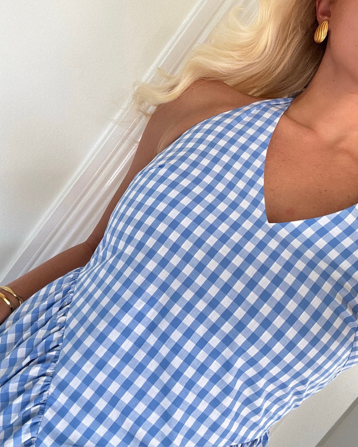 Y.A.S kjole malina halterneck long cornflower blue w. white checks