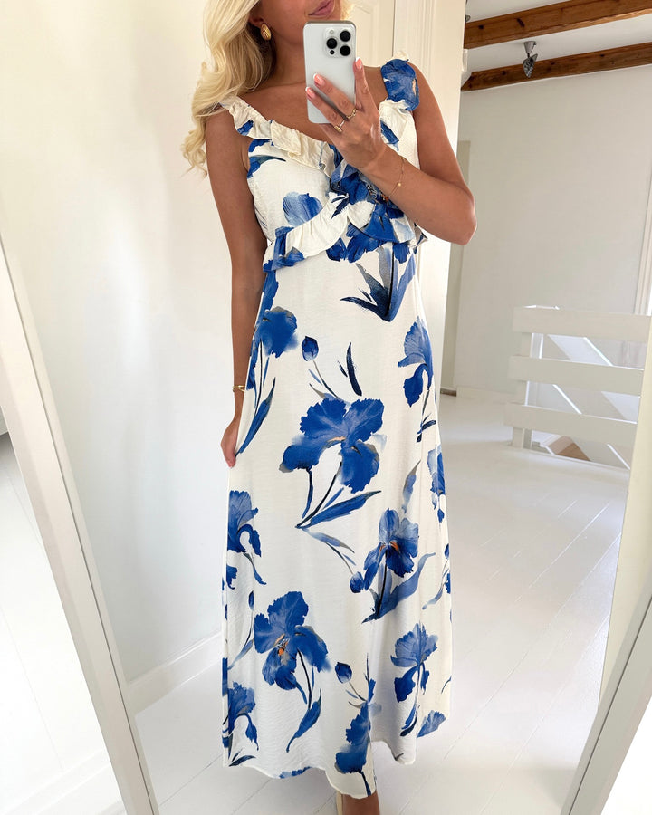 Only kjole hyaci sl frill long bright white big blue