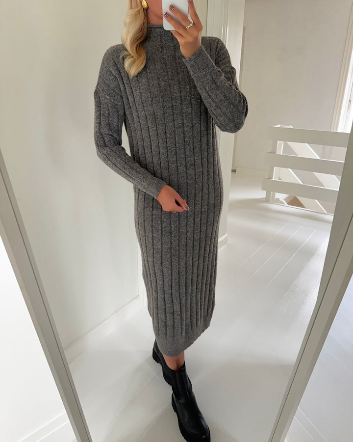 Vero Moda strikkjole willa ls funnelneck 7/8 medium grey melange