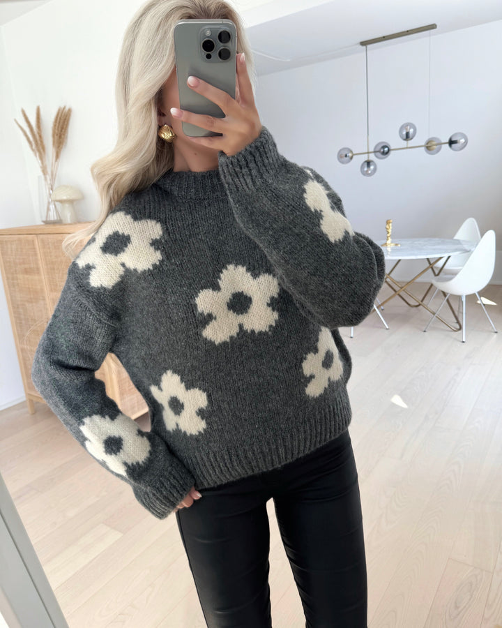 JDY striktrøje kilian flower l/s pullover knit dark grey melan/cloud dancer