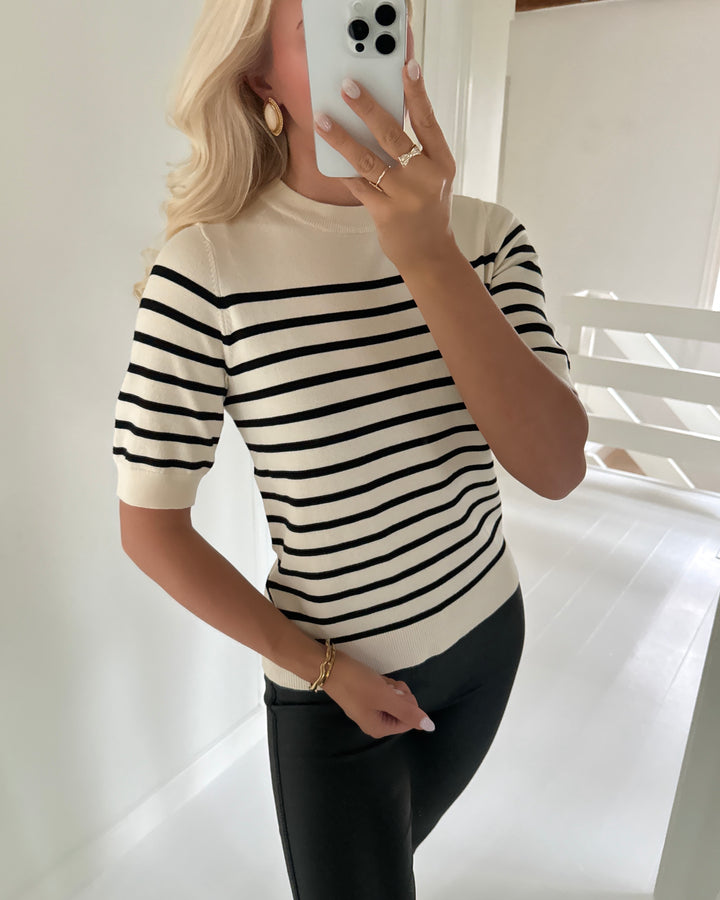 Y.A.S striktrøje lena ss knit birch/black stripes