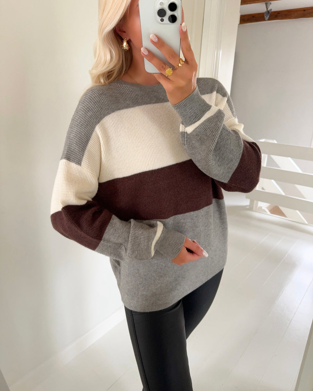 Only sweater atia ls stripe knit medium grey melange/whitecap