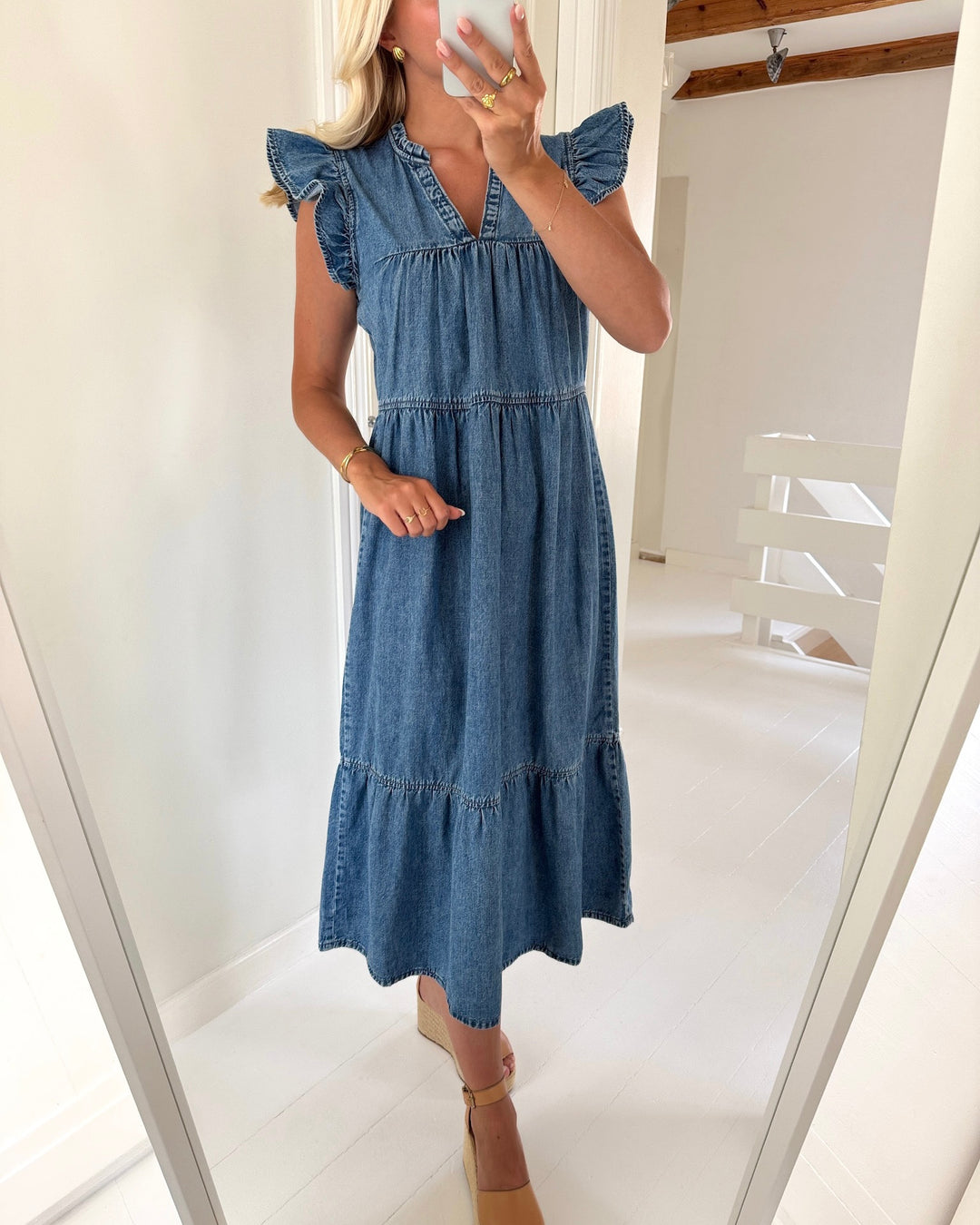 Only kjole shania sl frill medium blue denim