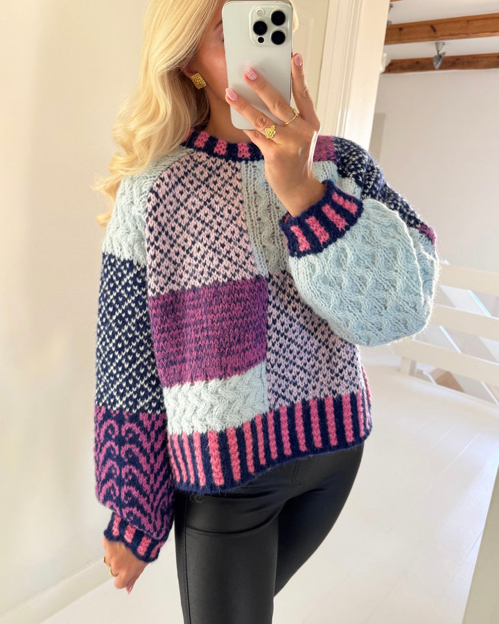Pieces striktrøje fusion ls o-neck knit sachet pink blue and purple colorblock