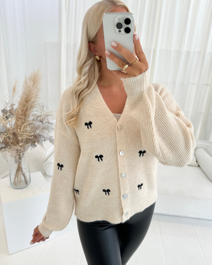 Y.A.S cardigan bow ls embroided knit s. birch/black bow