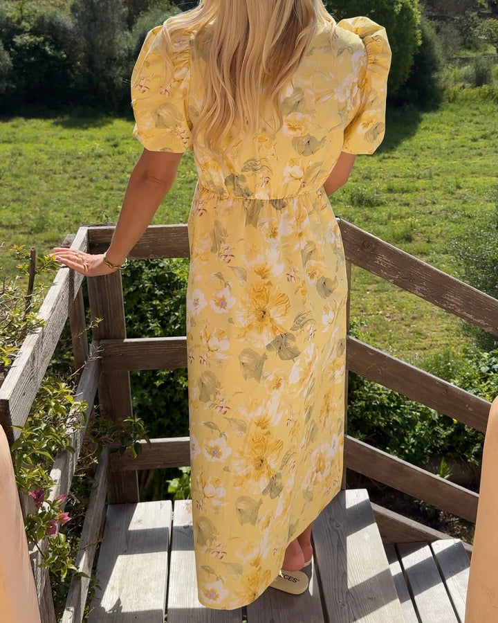 Y.A.S kjole stray ss midi pale banana lemon print
