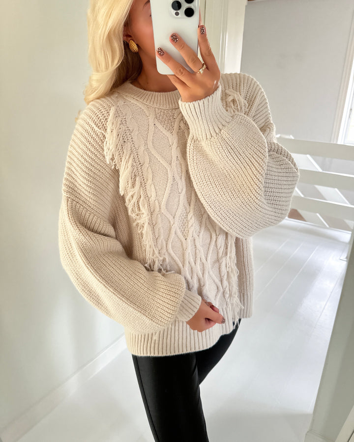 Only striktrøje holly ls o-neck fringe birch/melange