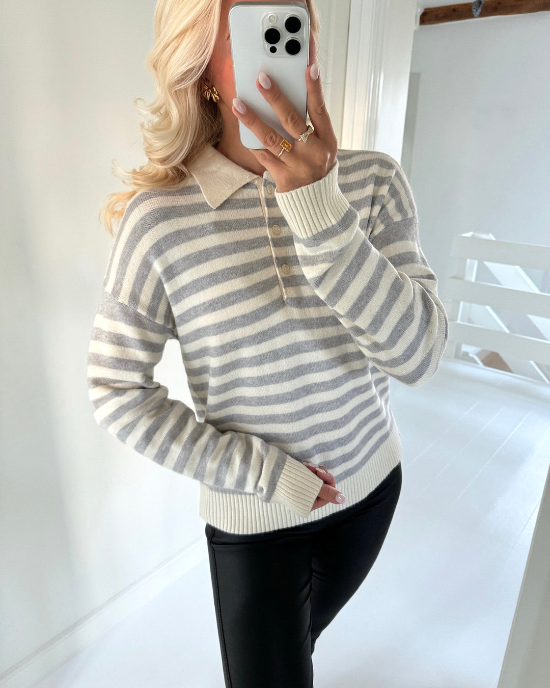 Only polo lana ls knit whitecap grey w. lgm stripes