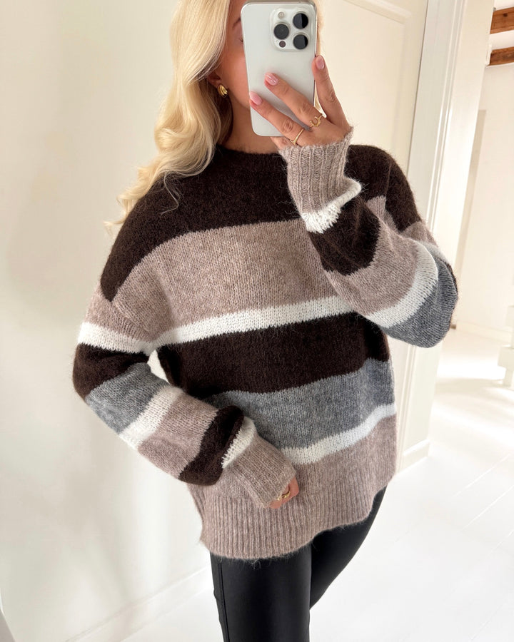 JDY striktrøje zoey life ls on colorblock knit chocolate brown chateau gray/cd/lgm