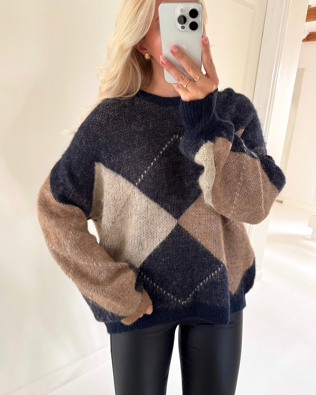 Only striktrøje noeme life ls o-neck knit night sky cocoa creme/biscotti/melange/argyle