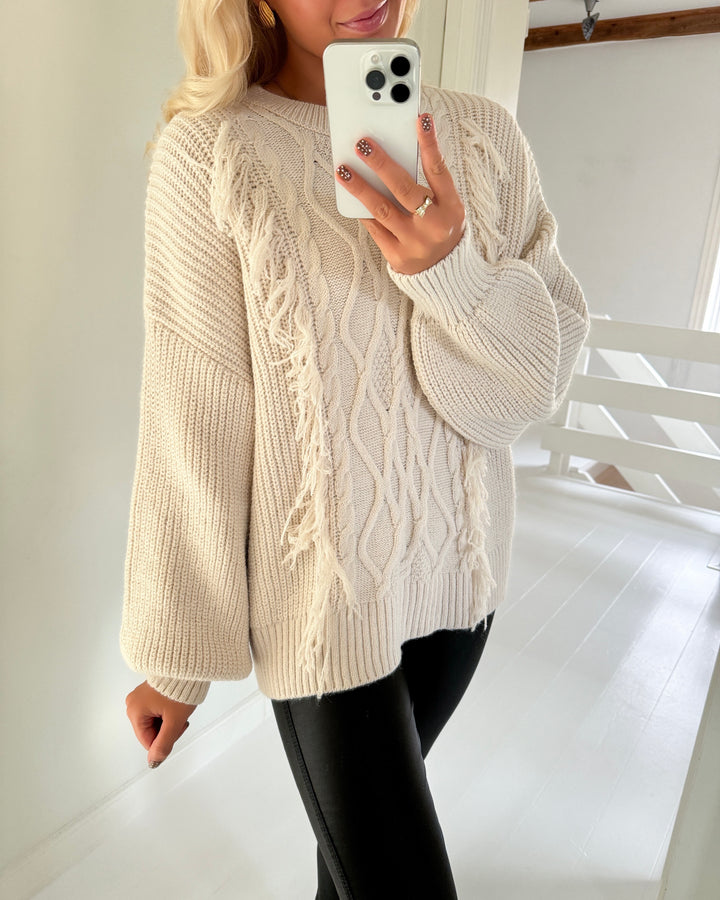 Only striktrøje holly ls o-neck fringe birch/melange