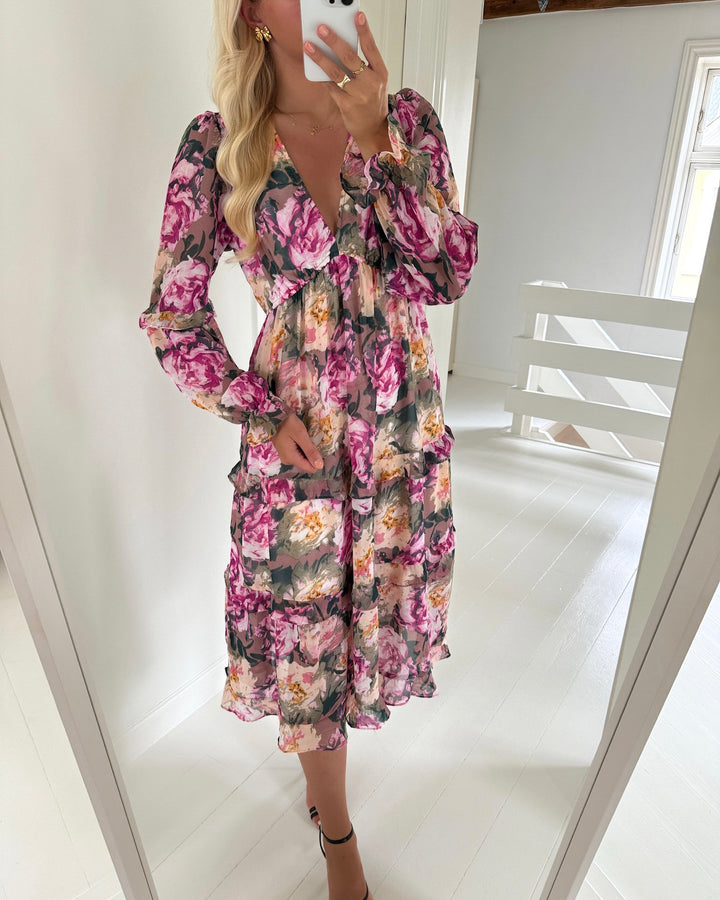 Vero Moda kjole ella l/s long frill wvn exp twillight mauvel/flower com