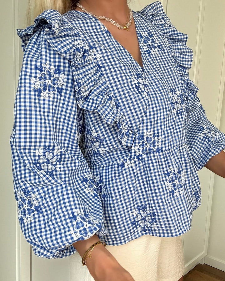 Y.A.S top ginga 3/4 s.-ex dazzling blue/w checks
