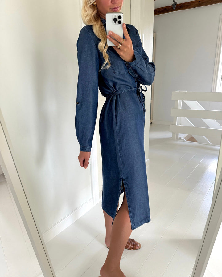 Only skjortekjole charis life ls belt dark blue denim