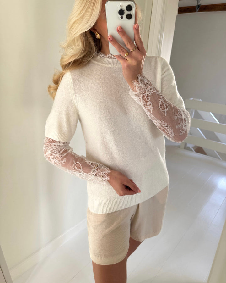 Vero Moda bluse willow lace sleeve knit snow white white lace sleeves