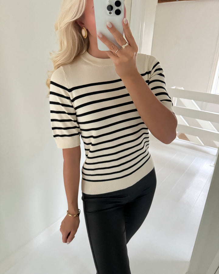 Y.A.S striktrøje lena ss knit birch/black stripes