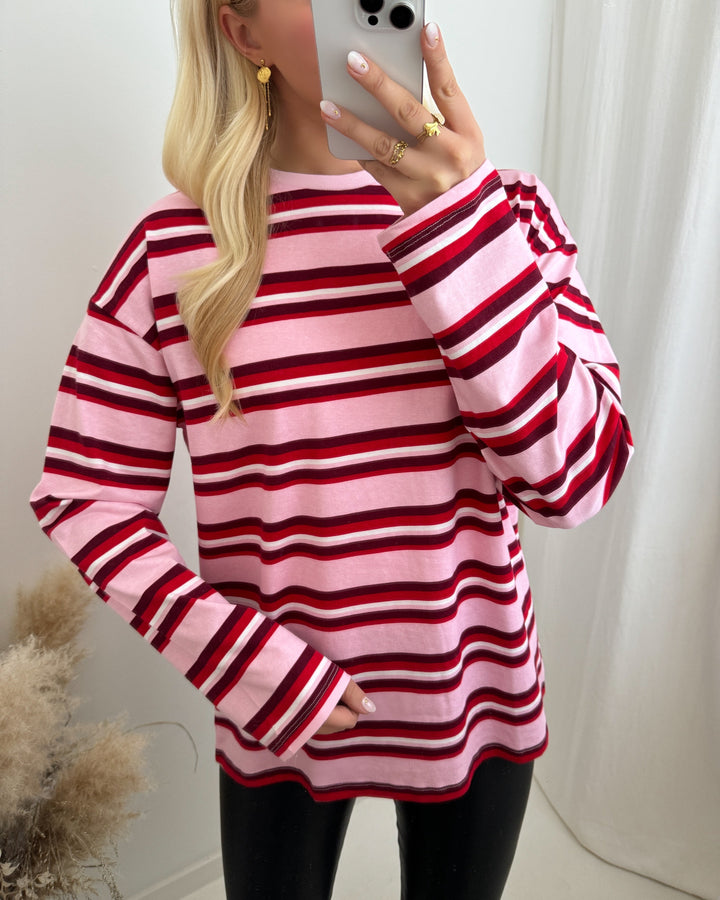 Pieces bluse flynn ls o-neck loose pink-a-boo/multi red