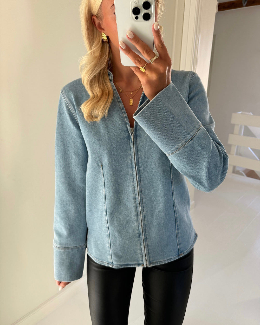 Only skjorte frida ls zip denim light medium blue denim