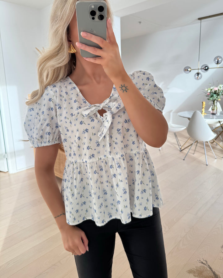 Vero Moda top gili ss tie peplum snow white/blue fia