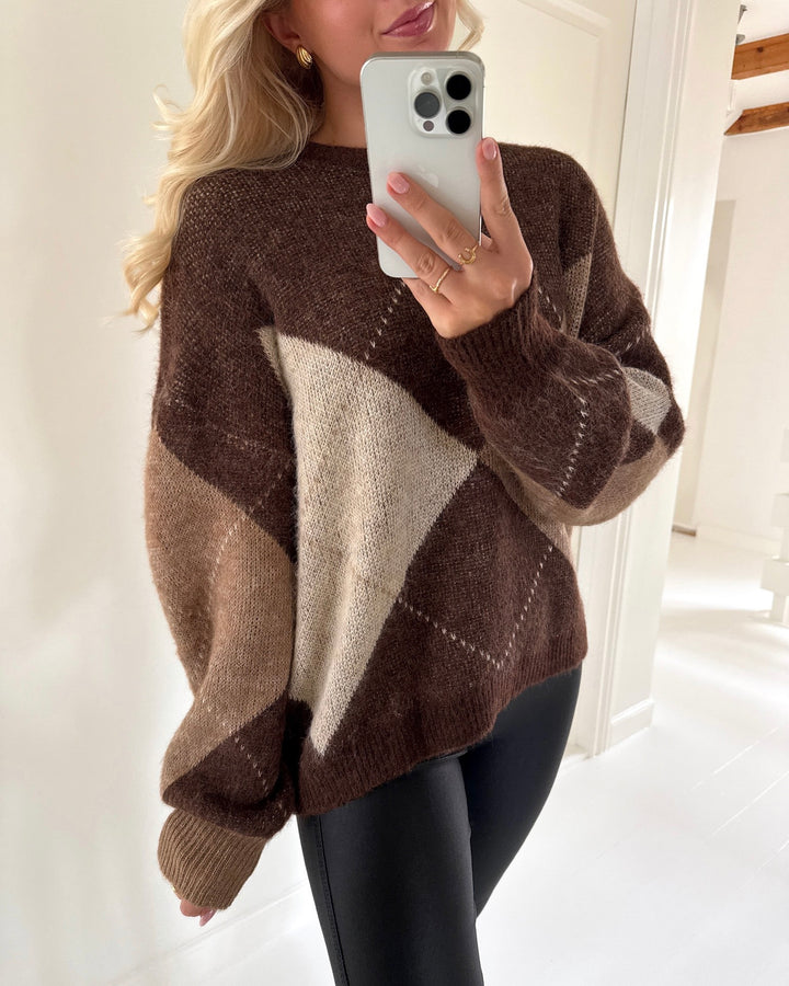 Only striktrøje noeme life ls o-neck knit chestnut cocoa creme/biscotti/melange/argyle