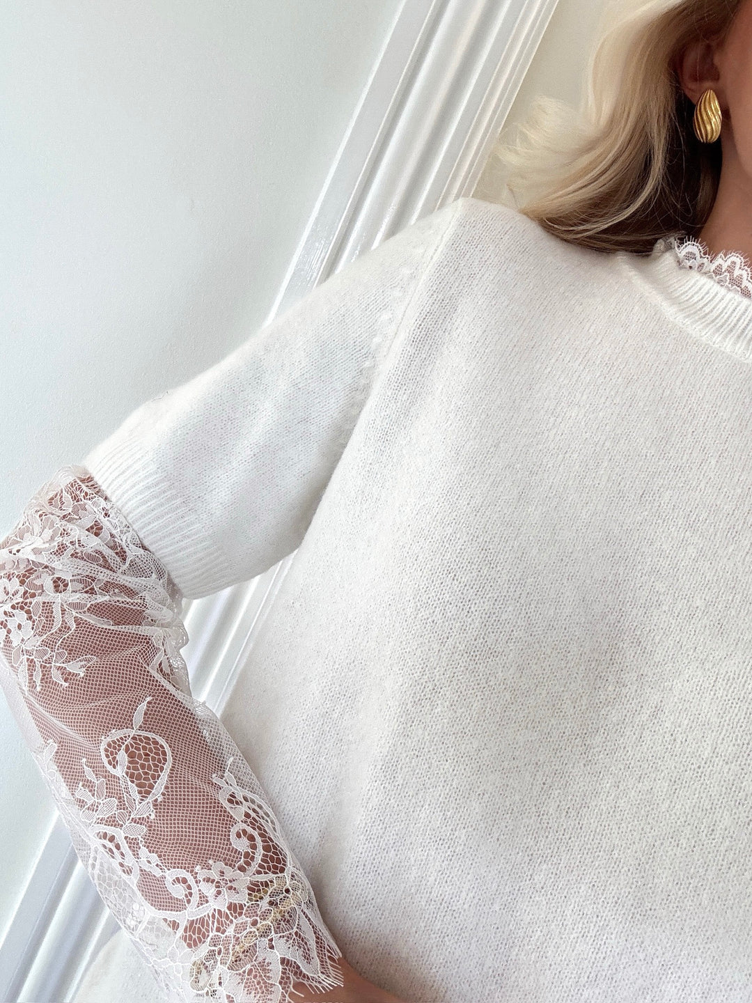 Vero Moda bluse willow lace sleeve knit snow white white lace sleeves