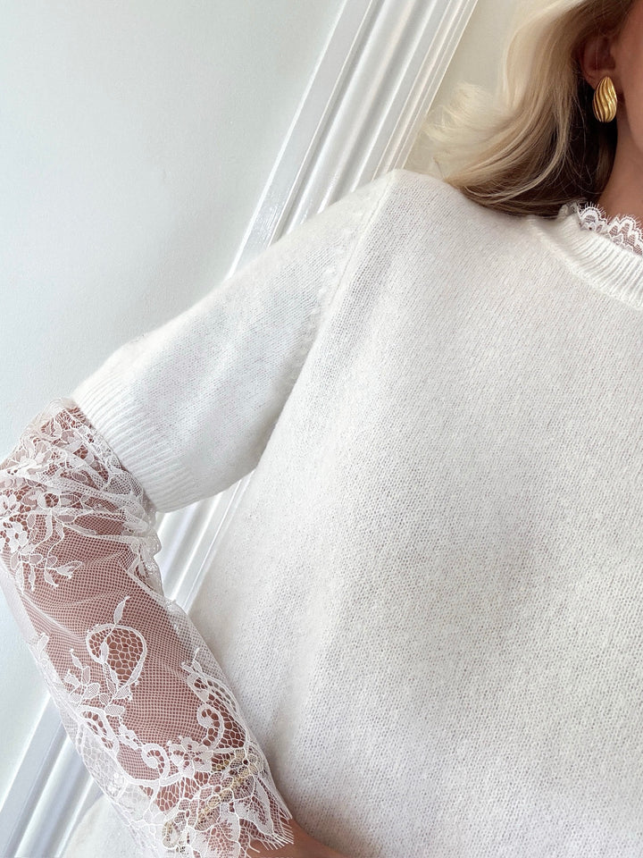 Vero Moda bluse willow lace sleeve knit snow white white lace sleeves