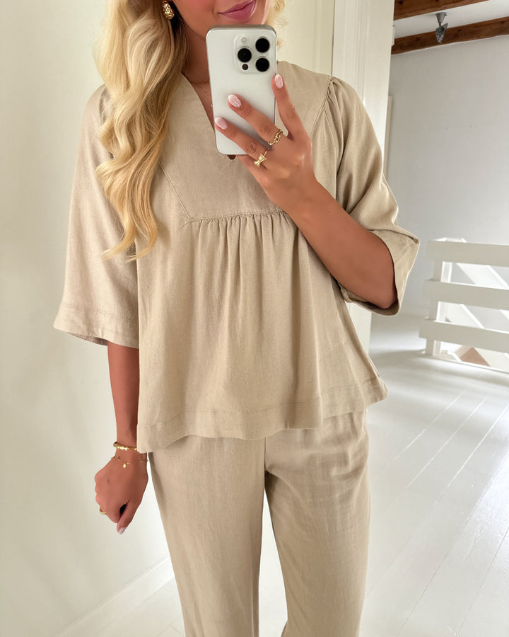 Only bluse caro 2/4 v-neck linen bl oxford tan