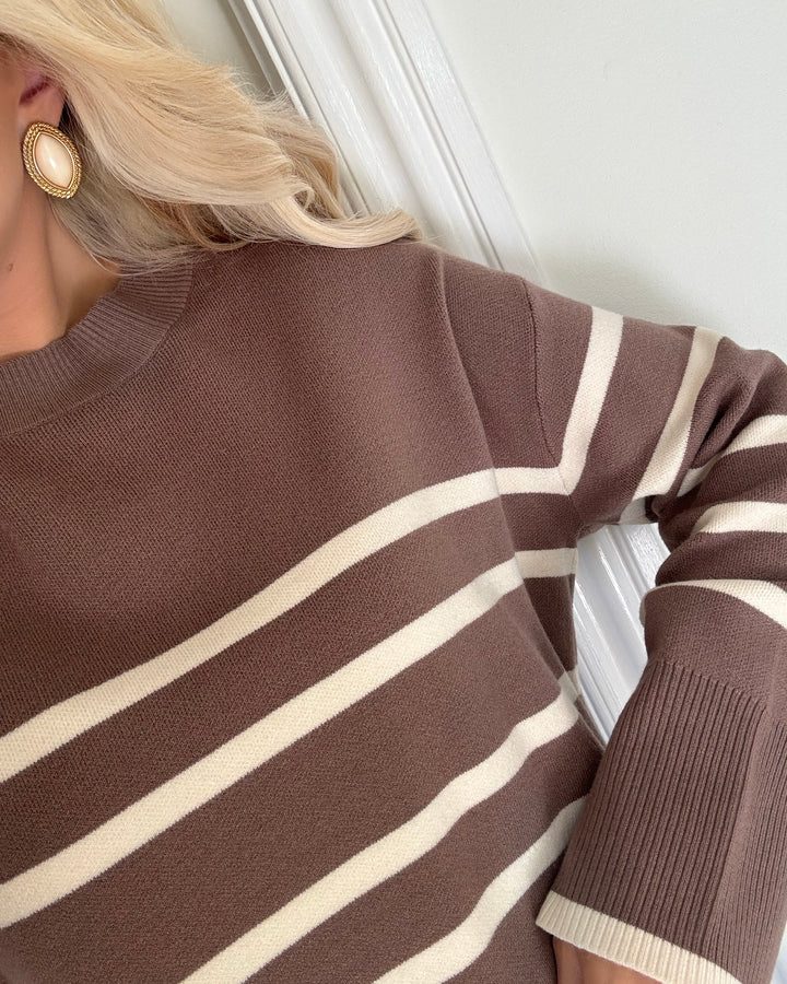 Vero Moda trøje saba ls o-neck stripe brown lentil w/birch