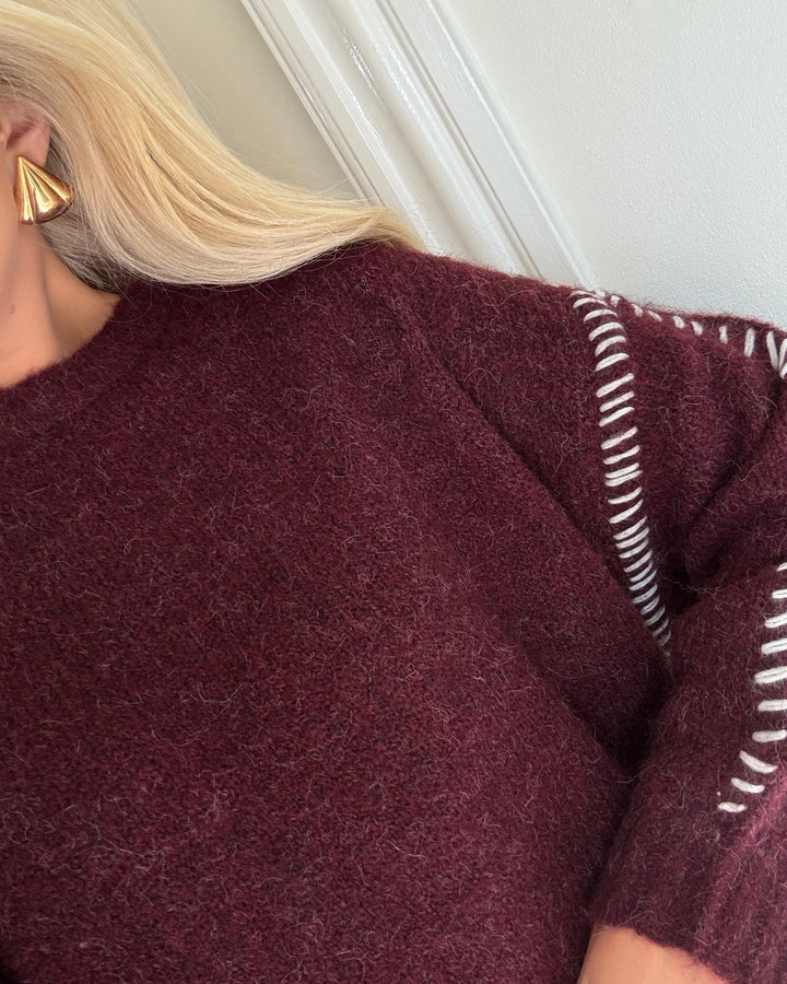 JDY striktrøje zoey life stitch maroon banner/w. birch stich