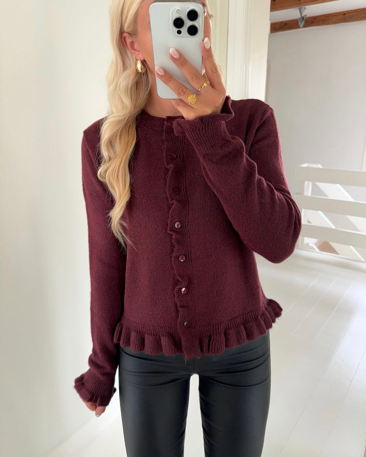 JDY cardigan letty l/s on frill knt noos maroon banner/melange - FORUDBESTILLING LEV. UGE 37