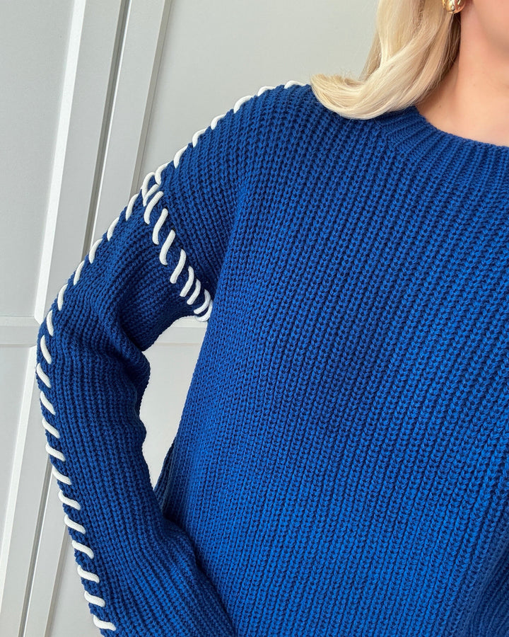 JDY striktrøje rosella l/s stitch sodalite blue/w. white stittch