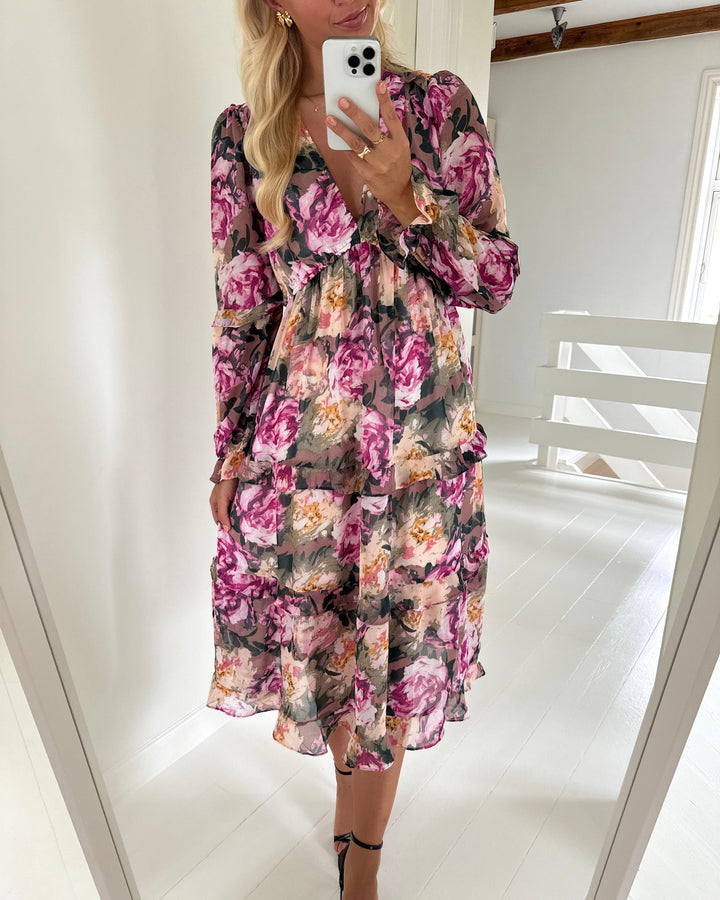 Vero Moda kjole ella l/s long frill wvn exp twillight mauvel/flower com