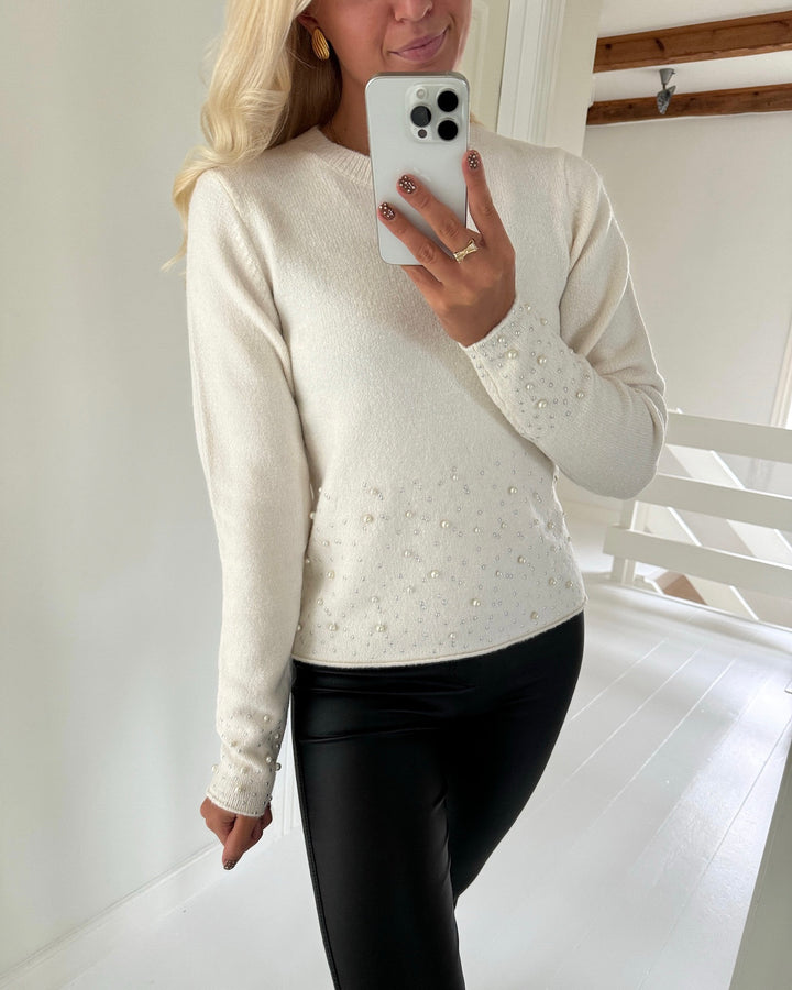 JDY striktrøje pearl ls o-neck pearl white/melange w. white pearls