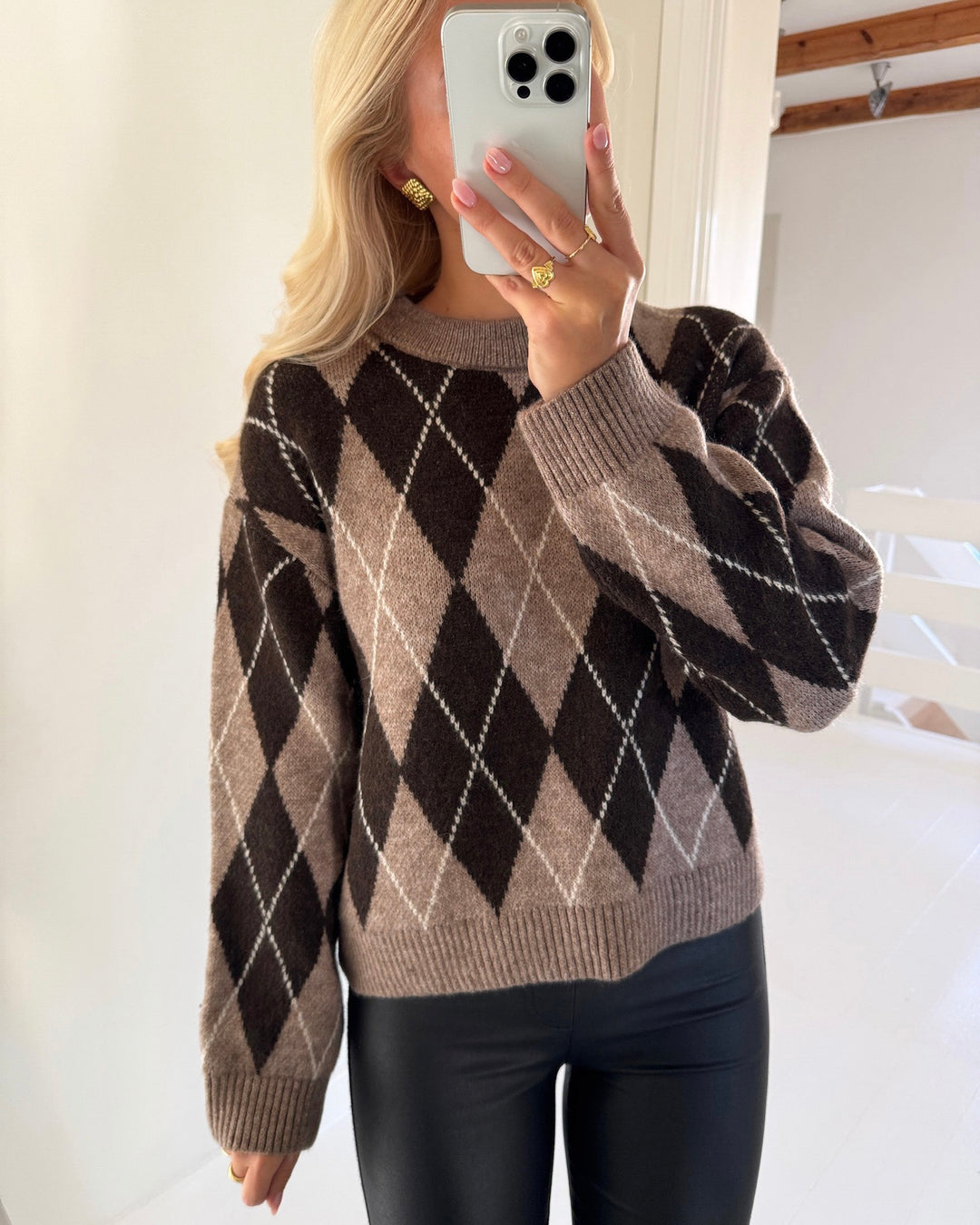 JDY striktrøje bianka ls argyle knit chocolate torte argyle